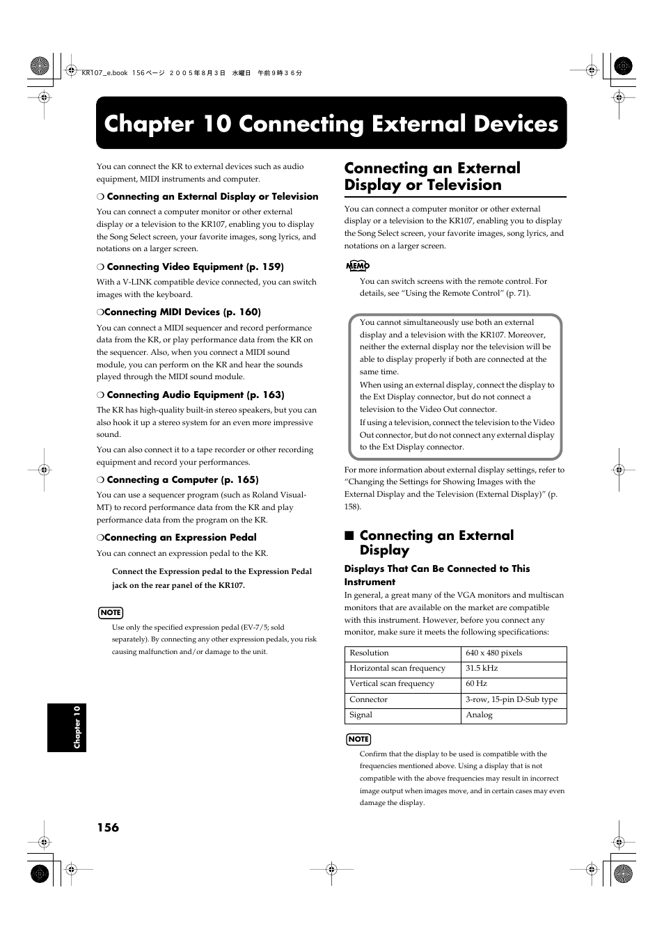 Chapter 10 connecting external devices, Connecting an external display or television, Connecting an external display | Chapter 10 connecting, External devices, The screen and display lyrics (p. 156), Refer to “connecting an, External display” (p. 156) and | Roland KR107 User Manual | Page 156 / 196