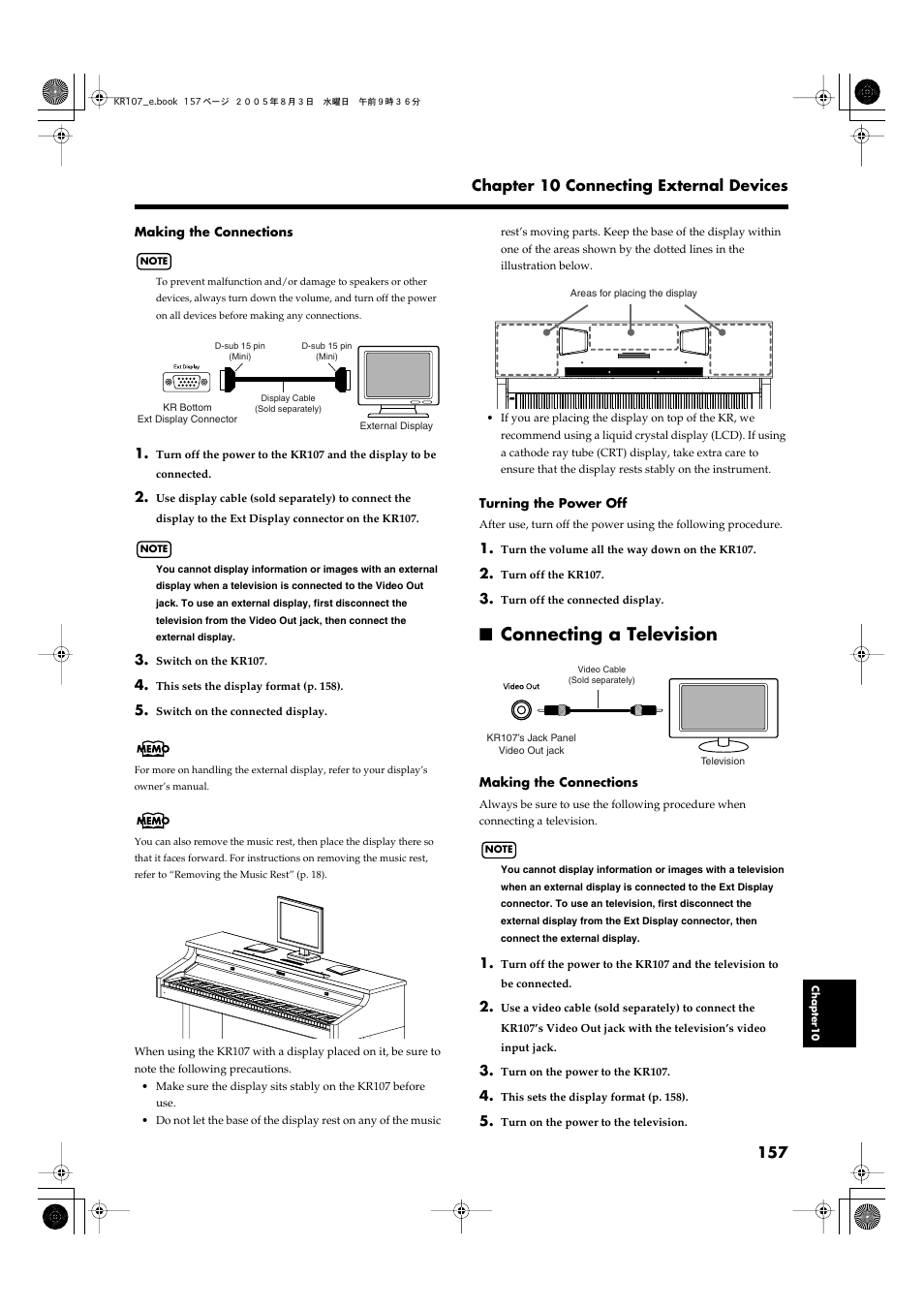 Connecting a television | Roland KR107 User Manual | Page 157 / 196