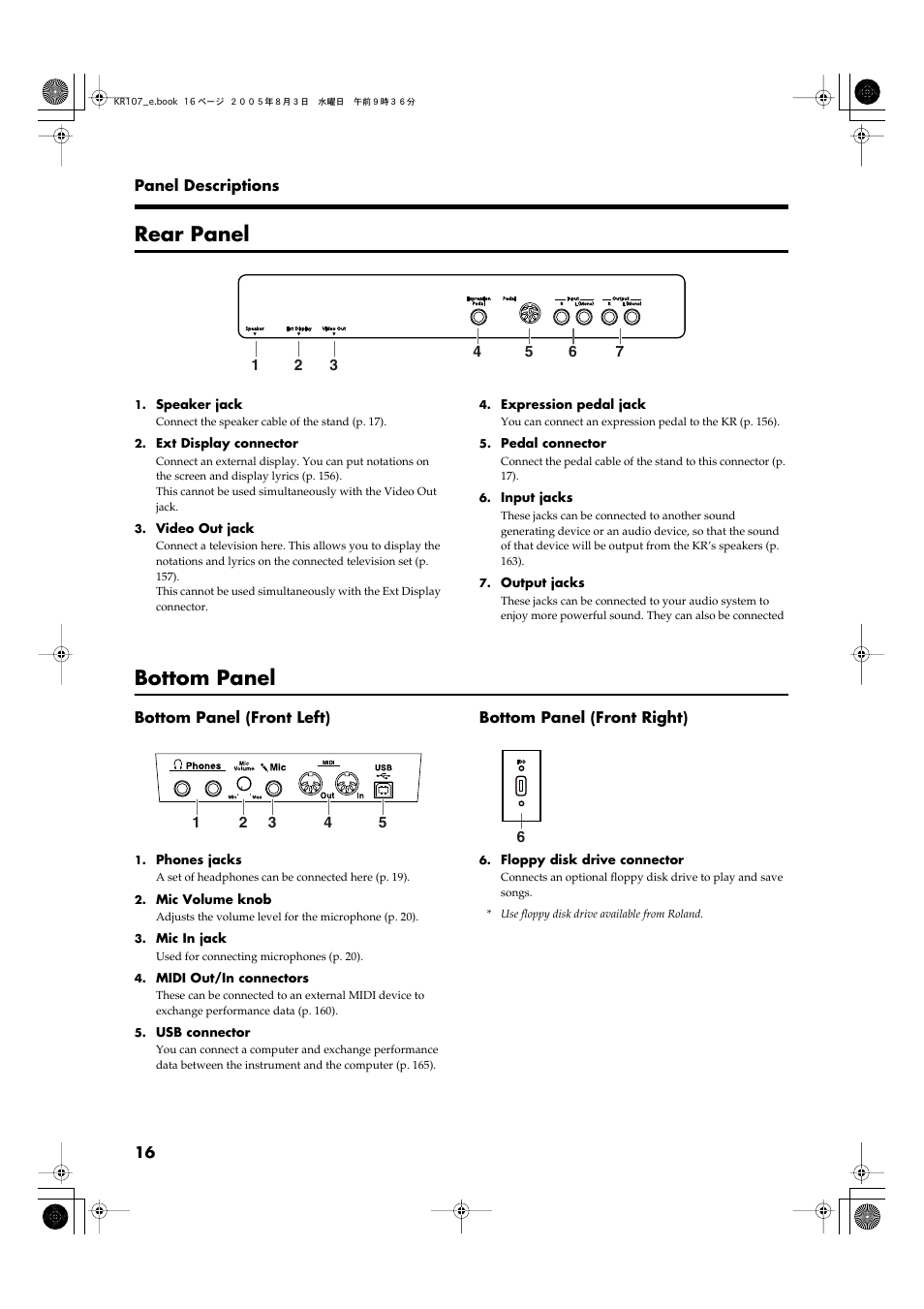 Rear panel, Bottom panel, Bottom panel (front left) | Bottom panel (front right) | Roland KR107 User Manual | Page 16 / 196