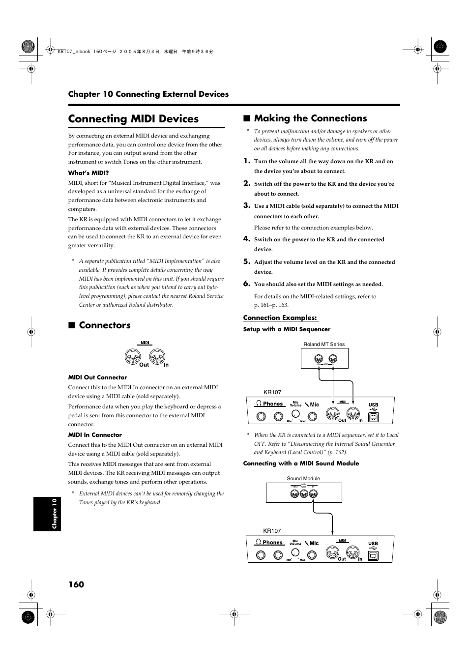 Connecting midi devices, Connectors, Making the connections | Exchange performance data (p. 160), Connecting midi devices (p. 160) | Roland KR107 User Manual | Page 160 / 196