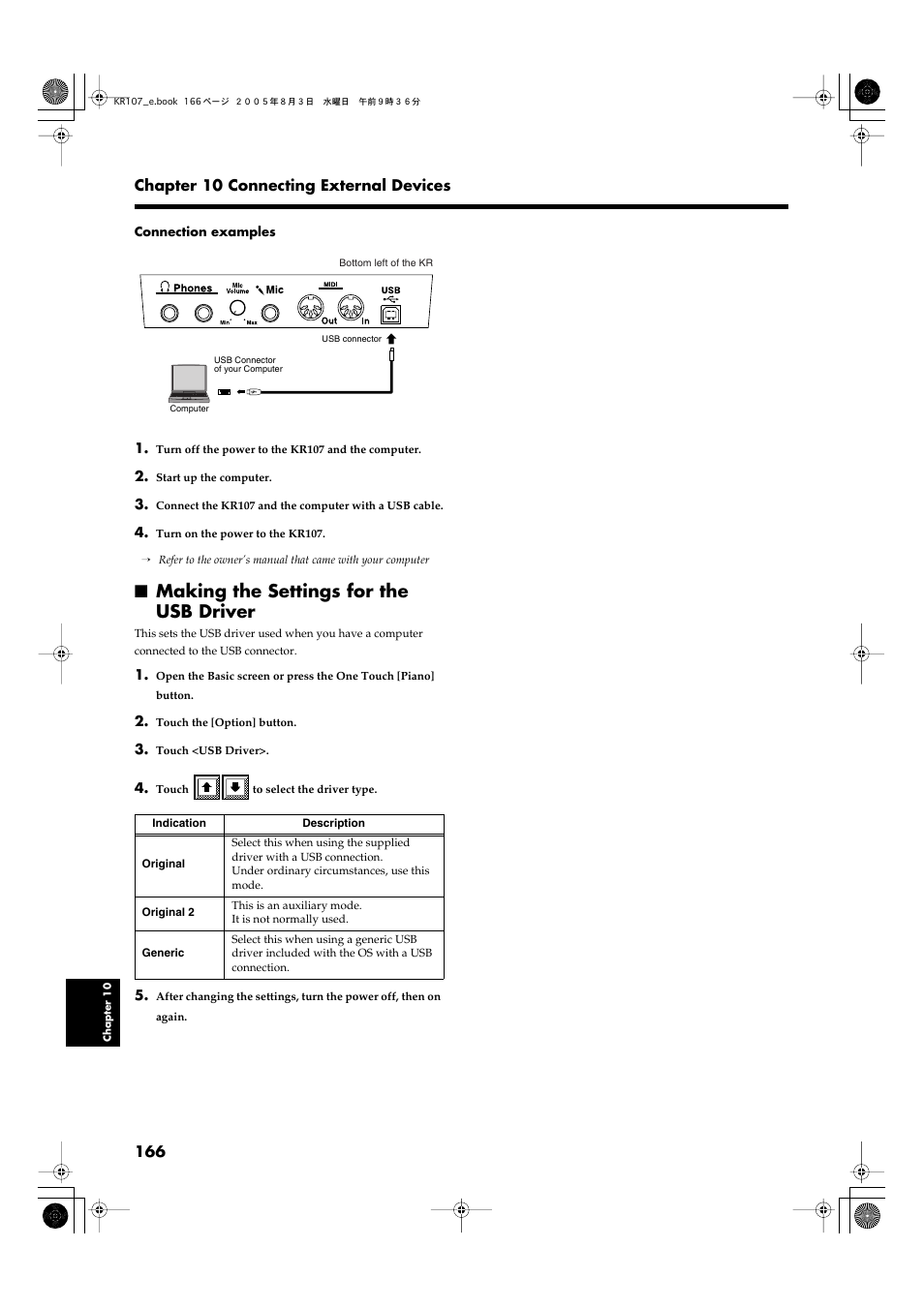 Making the settings for the usb driver, Refer to p. 166 | Roland KR107 User Manual | Page 166 / 196