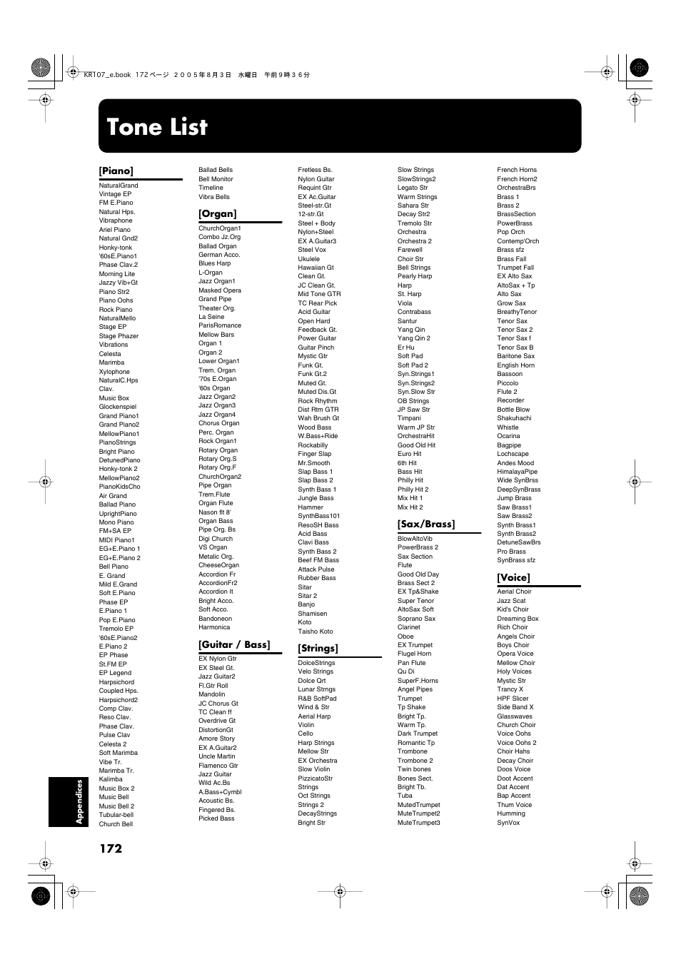 Tone list | Roland KR107 User Manual | Page 172 / 196