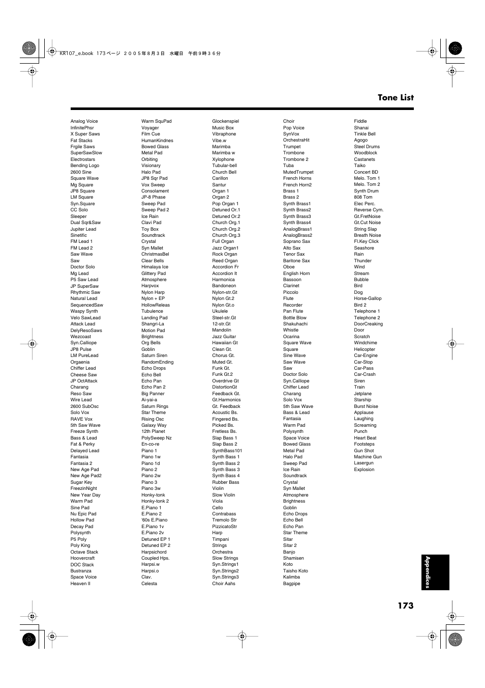 173 tone list | Roland KR107 User Manual | Page 173 / 196