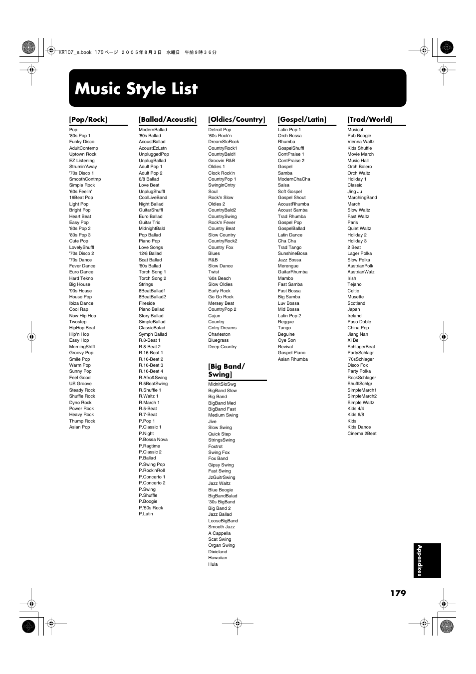 Music style list, Names, refer to the “music, Style list” (p. 179) | Roland KR107 User Manual | Page 179 / 196