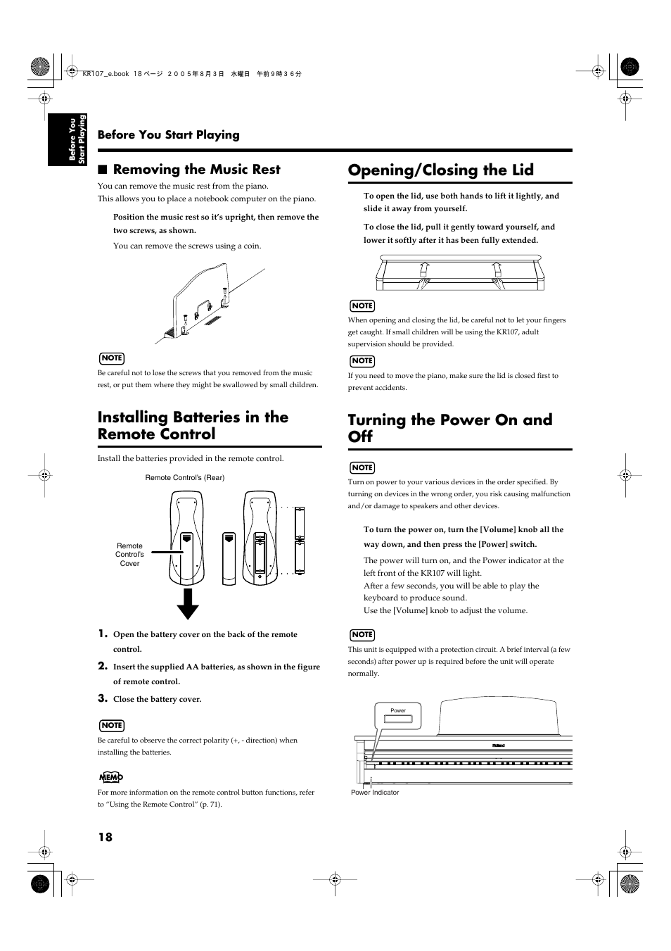 Removing the music rest, Installing batteries in the remote control, Opening/closing the lid | Turning the power on and off, Pressed to switch the power on and off (p. 18), 18 before you start playing | Roland KR107 User Manual | Page 18 / 196