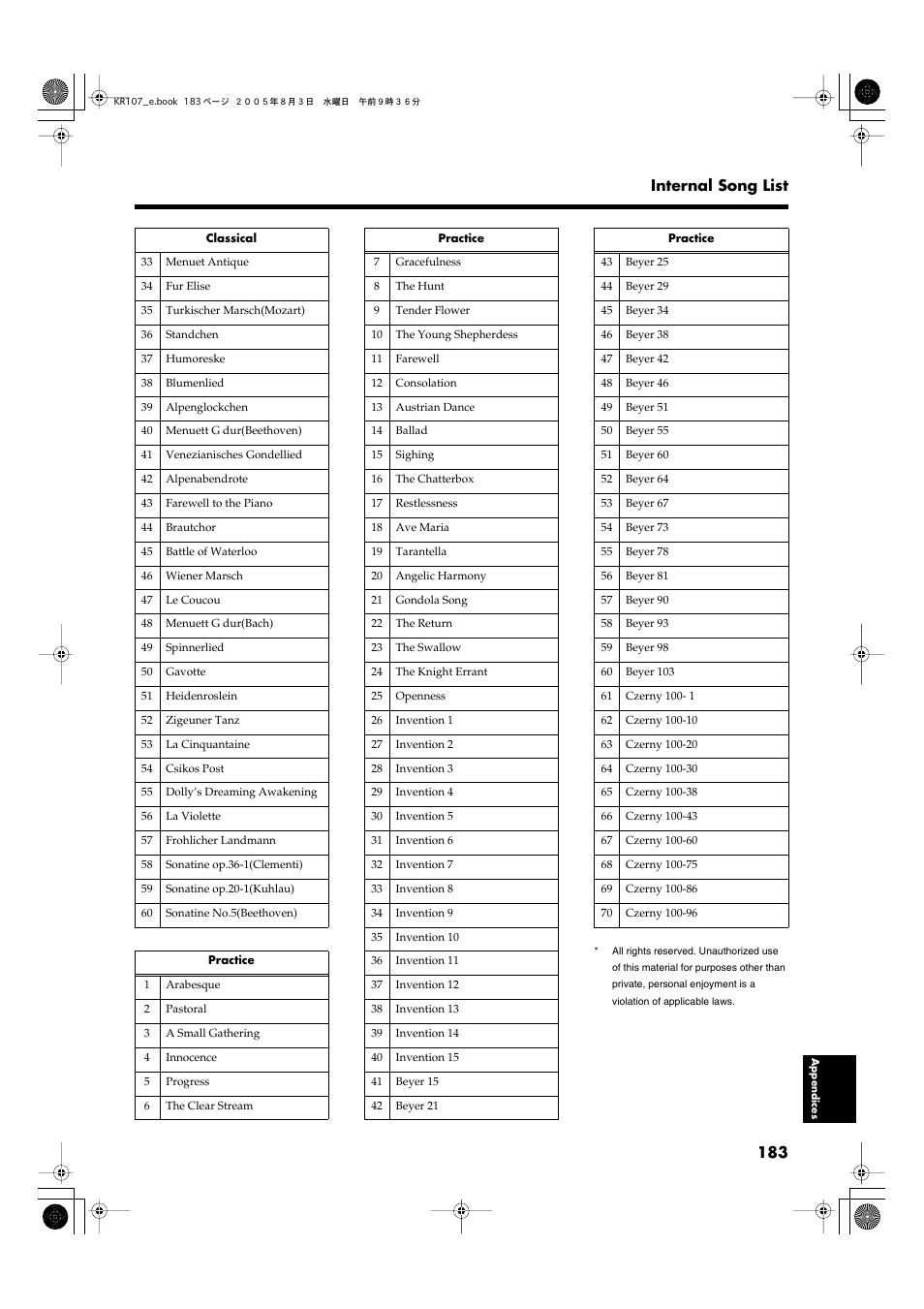 183 internal song list | Roland KR107 User Manual | Page 183 / 196