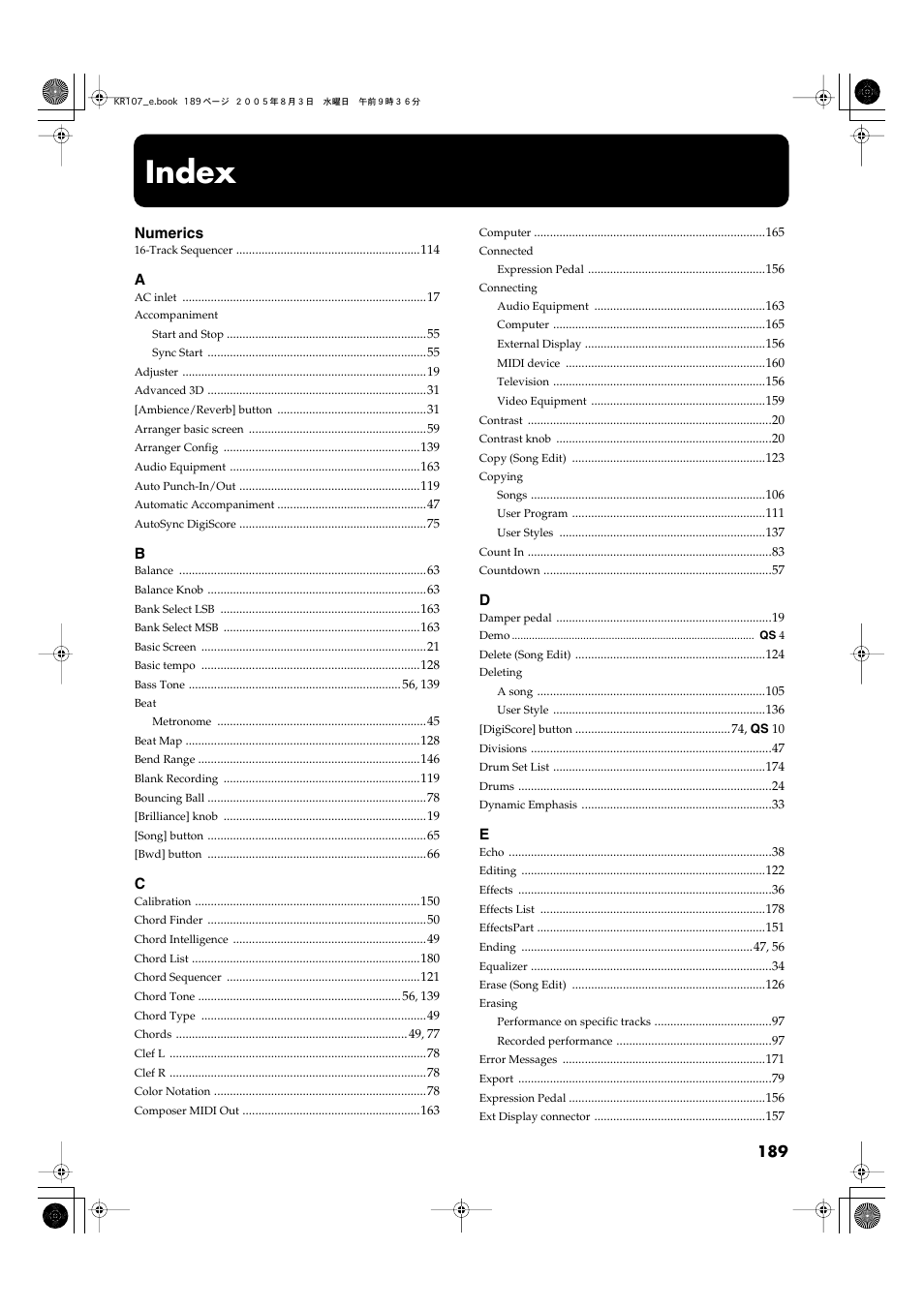 Index | Roland KR107 User Manual | Page 189 / 196