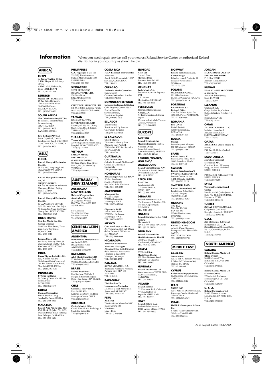 Information | Roland KR107 User Manual | Page 194 / 196