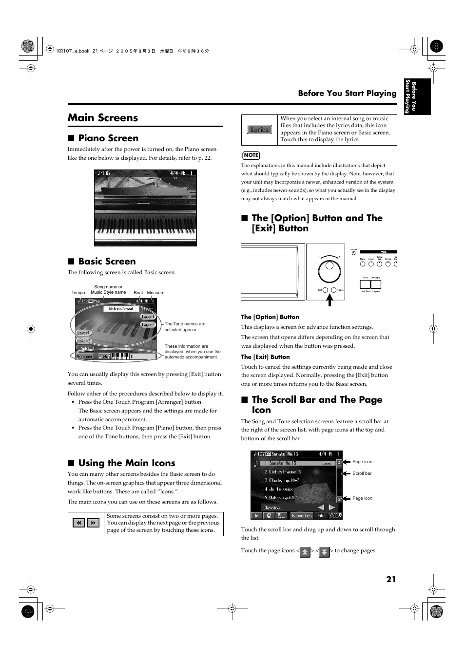 Main screens, Piano screen, Basic screen | Using the main icons, The [option] button and the [exit] button, The scroll bar and the page icon | Roland KR107 User Manual | Page 21 / 196