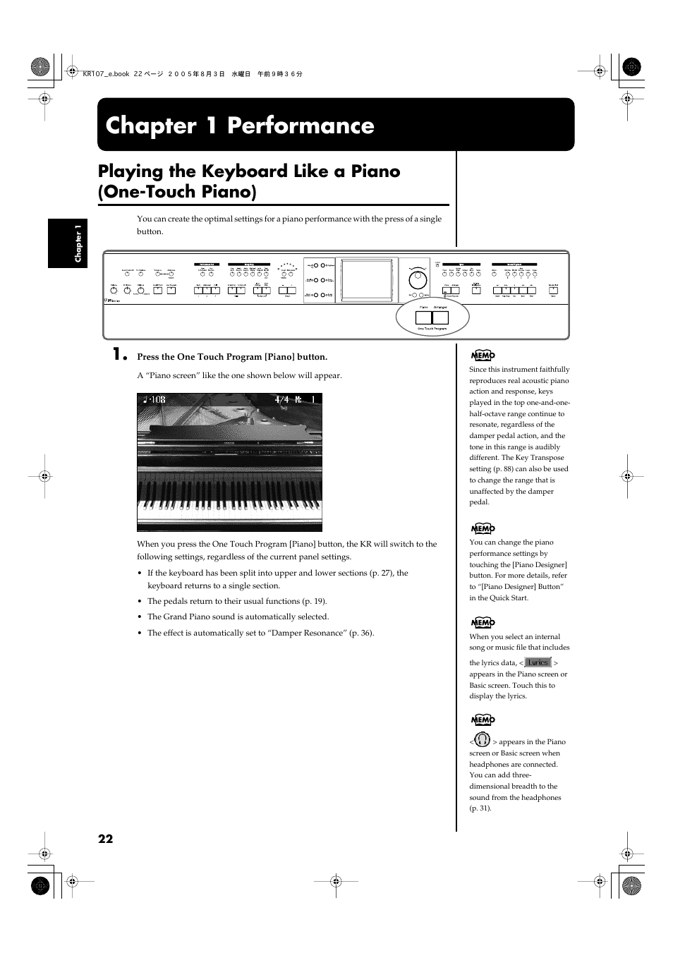 Chapter 1 performance | Roland KR107 User Manual | Page 22 / 196