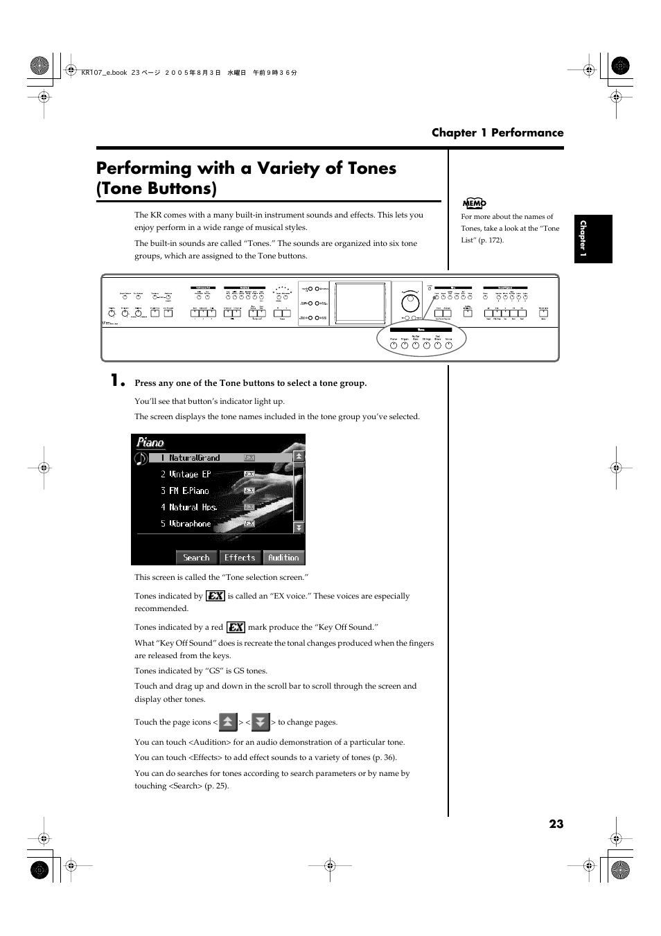 Performing with a variety of tones (tone buttons), P. 23) | Roland KR107 User Manual | Page 23 / 196