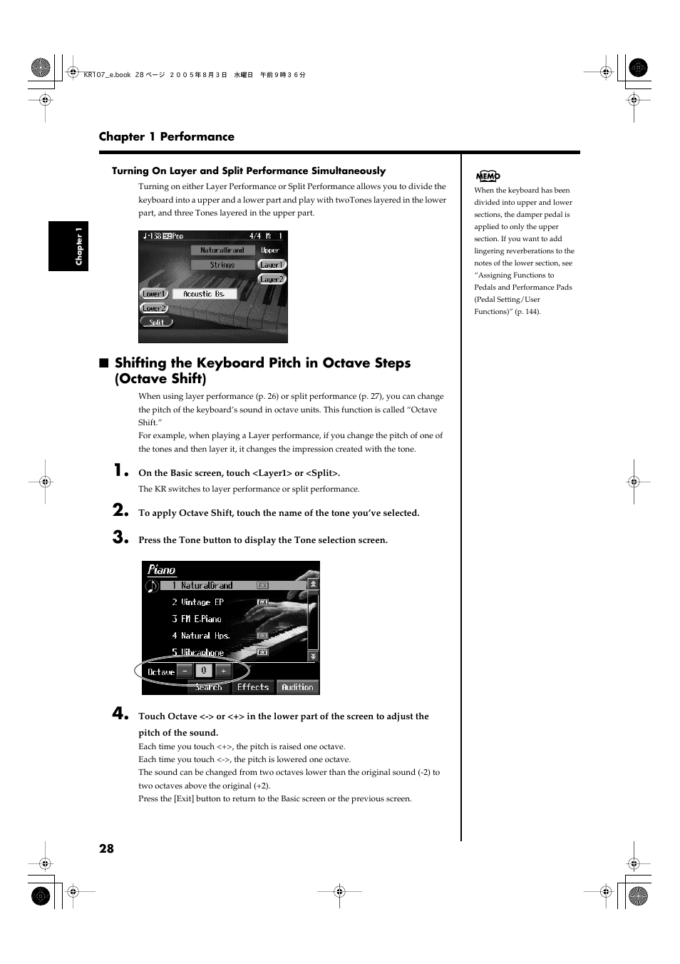 See “shifting the keyboard, Pitch in octave steps (octave, Shift)” (p. 28) | Roland KR107 User Manual | Page 28 / 196