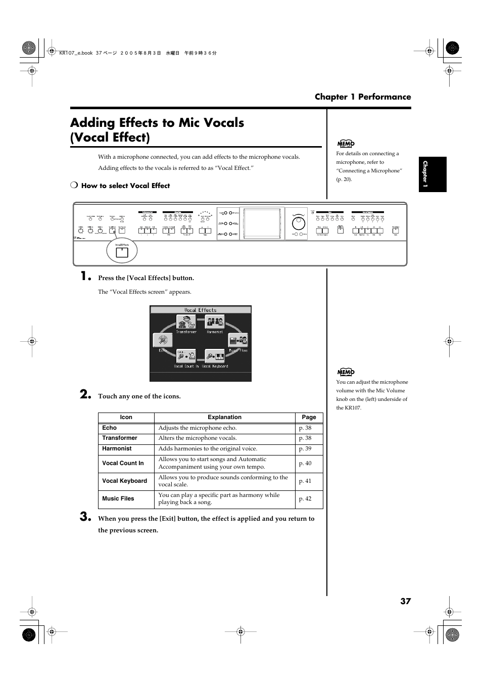 Adding effects to mic vocals (vocal effect) | Roland KR107 User Manual | Page 37 / 196