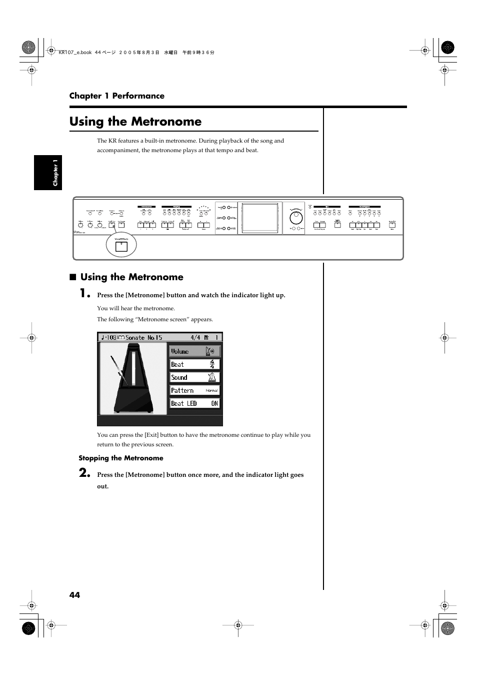 Using the metronome, Activates the built-in metronome (p. 44) | Roland KR107 User Manual | Page 44 / 196