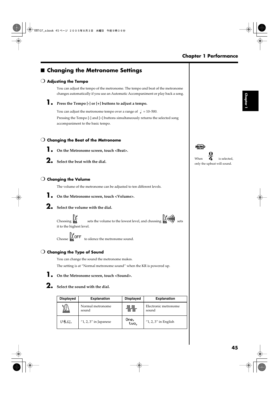 Changing the metronome settings | Roland KR107 User Manual | Page 45 / 196