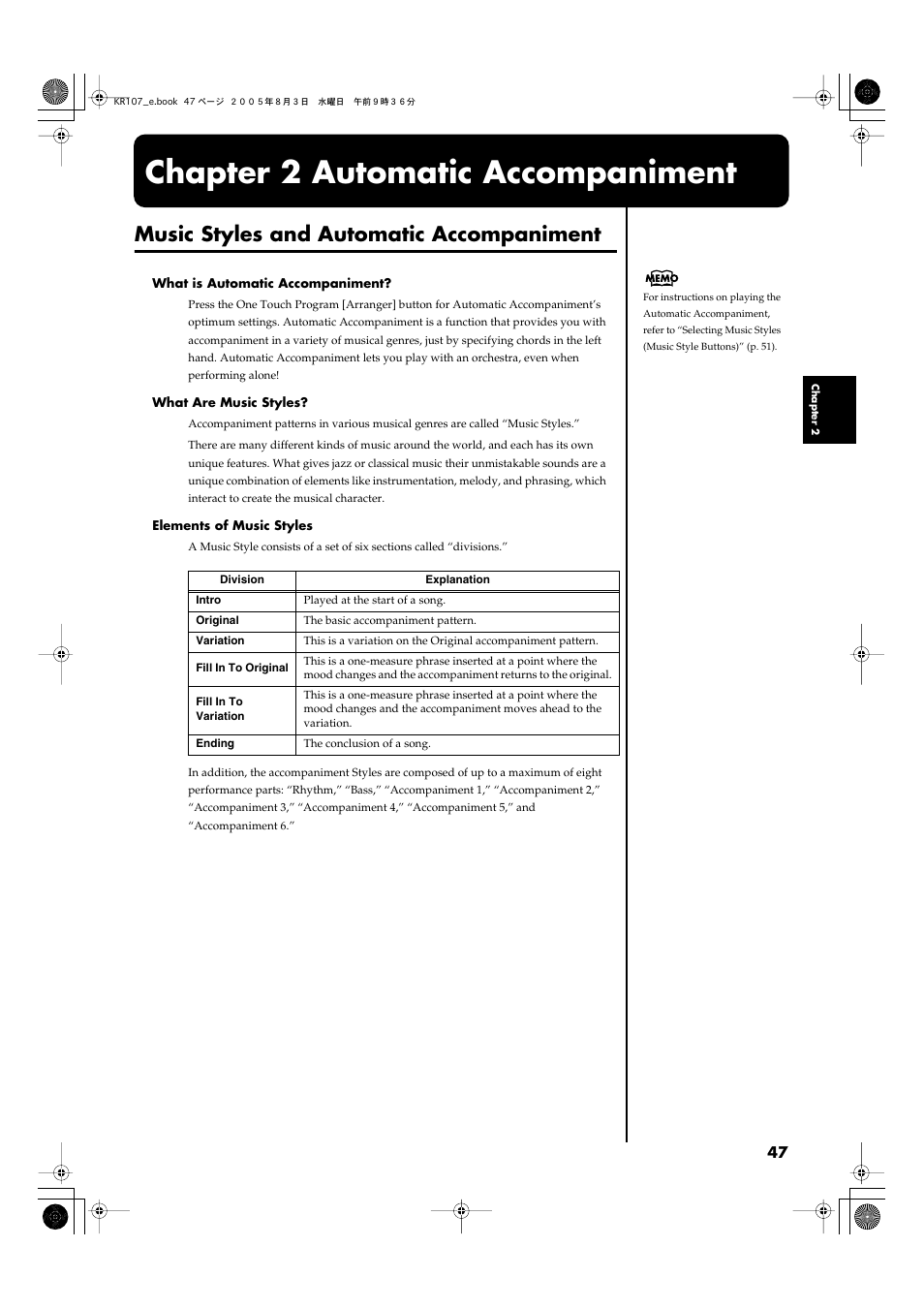 Chapter 2 automatic accompaniment, Music styles and automatic accompaniment | Roland KR107 User Manual | Page 47 / 196