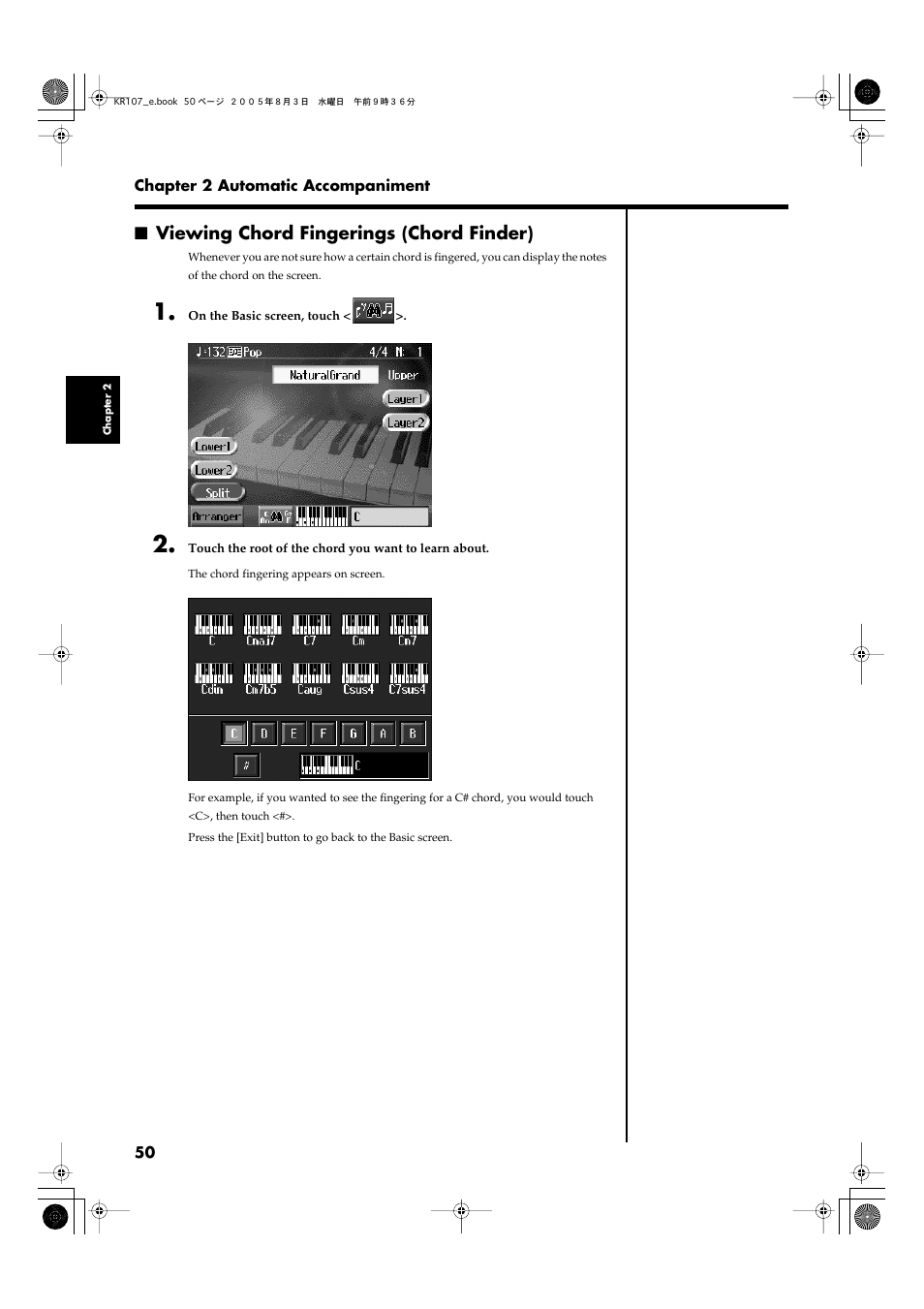 Viewing chord fingerings (chord finder) | Roland KR107 User Manual | Page 50 / 196