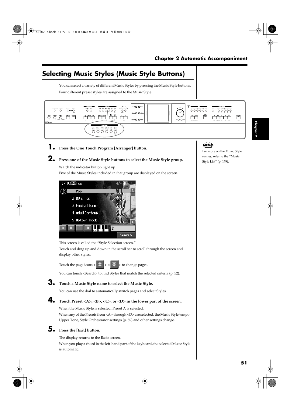 Selecting music styles (music style buttons), Selecting music styles (music, Style buttons)” (p. 51) | Roland KR107 User Manual | Page 51 / 196