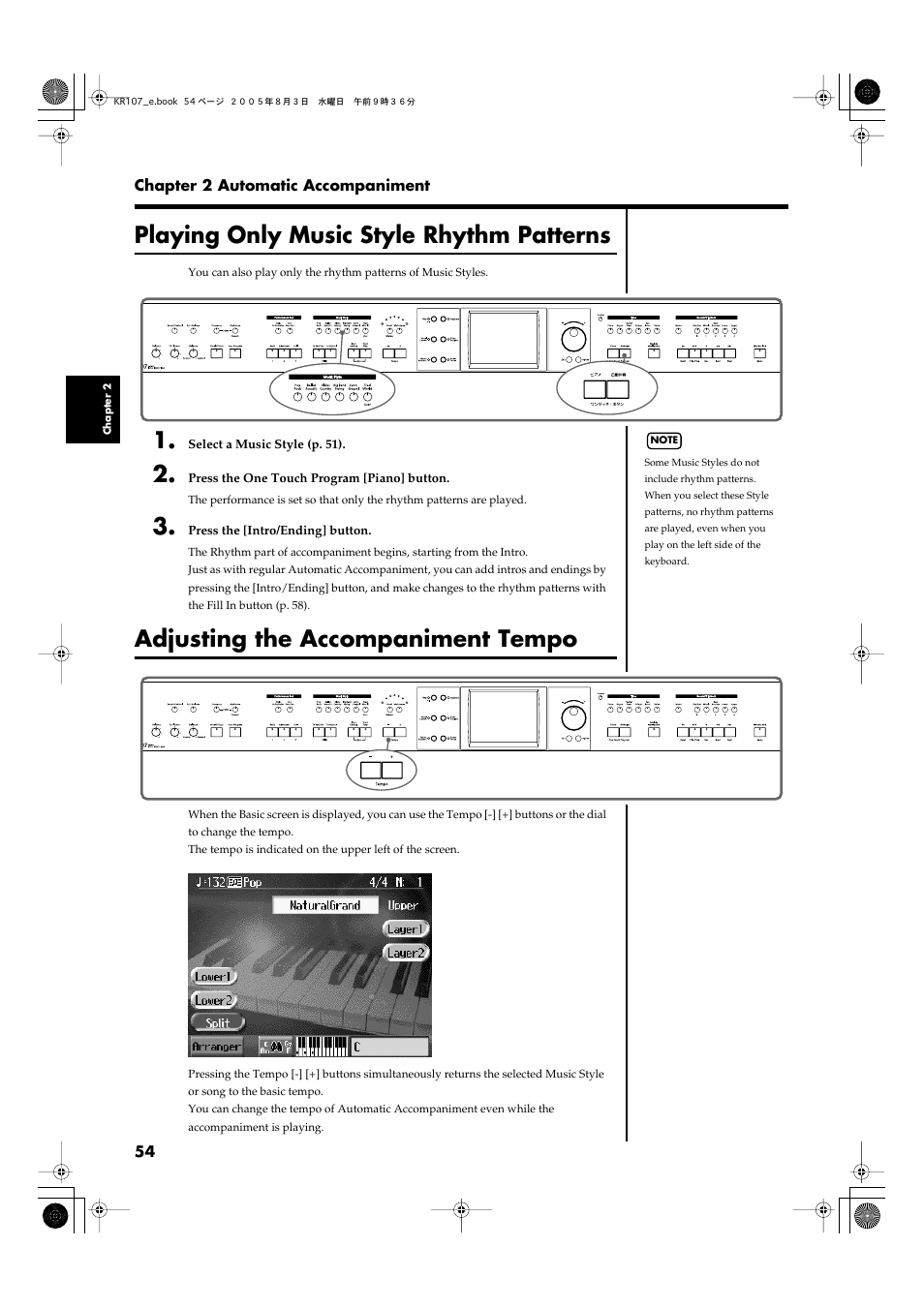 Playing only music style rhythm patterns, Adjusting the accompaniment tempo | Roland KR107 User Manual | Page 54 / 196