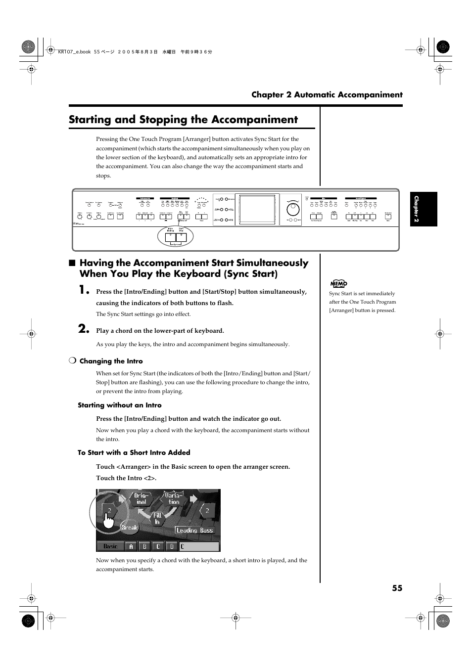 Starting and stopping the accompaniment, Accompaniment (p. 55), Starts and stops automatic accompaniment (p. 55) | Starting and stopping the, Accompaniment” (p. 55) | Roland KR107 User Manual | Page 55 / 196