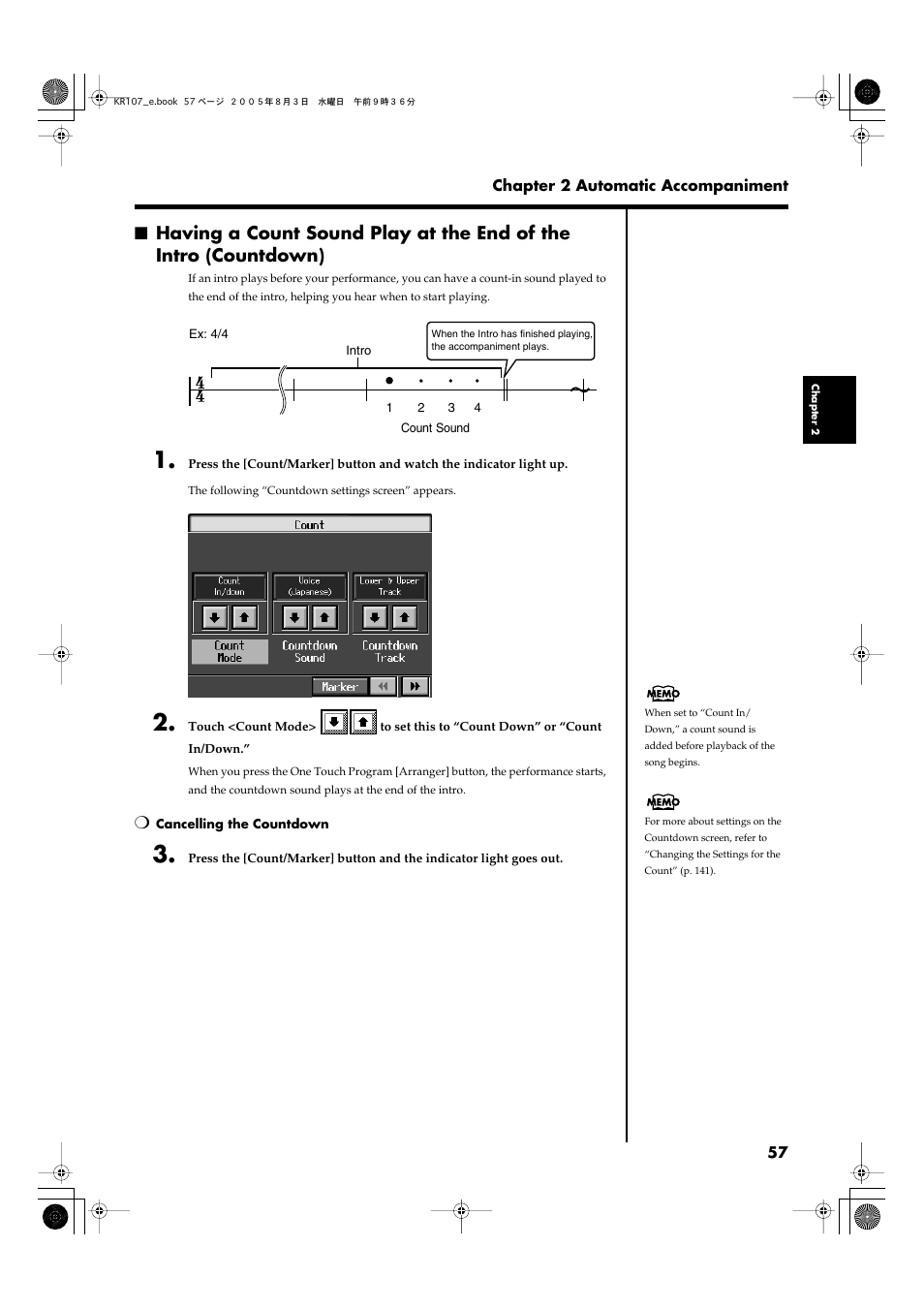 You can change the count settings (p. 57, p. 83) | Roland KR107 User Manual | Page 57 / 196
