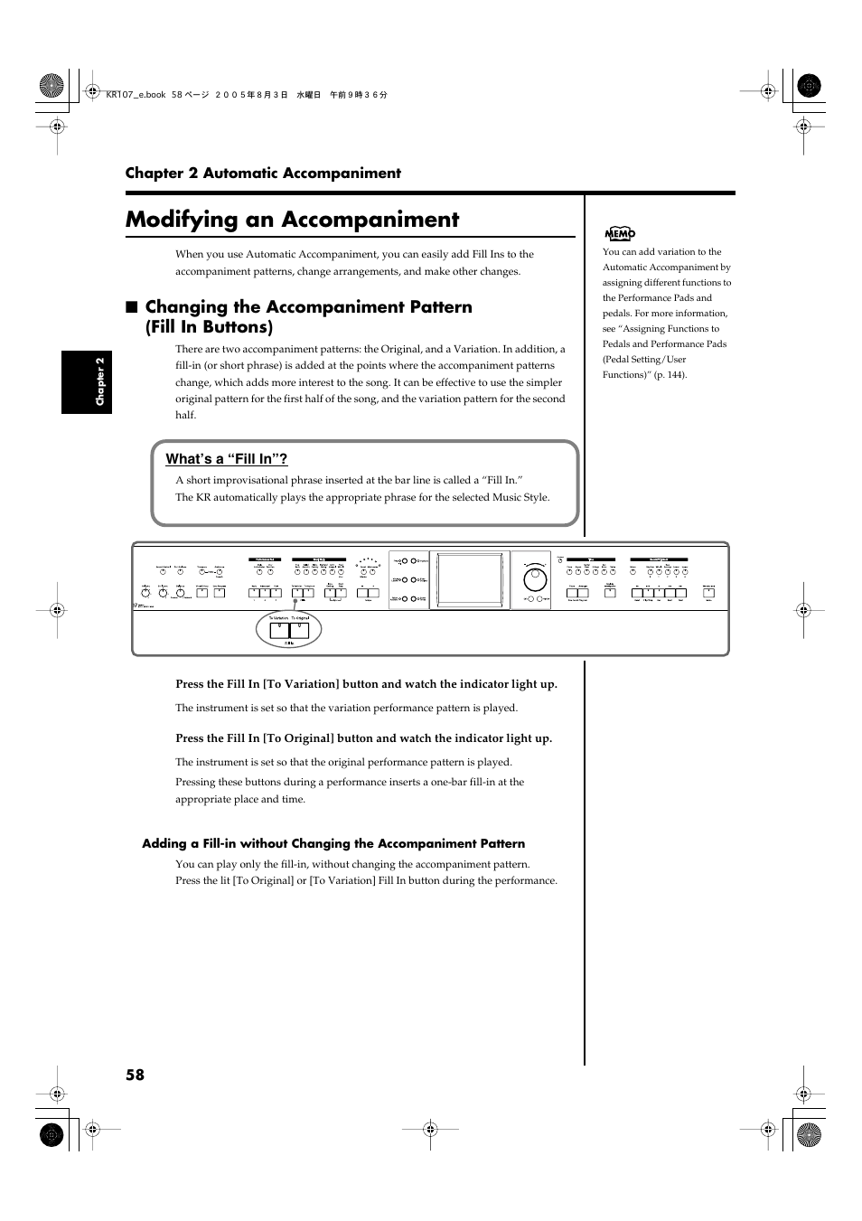 Modifying an accompaniment, P. 58), Changes the accompaniment pattern (p. 58) | Roland KR107 User Manual | Page 58 / 196