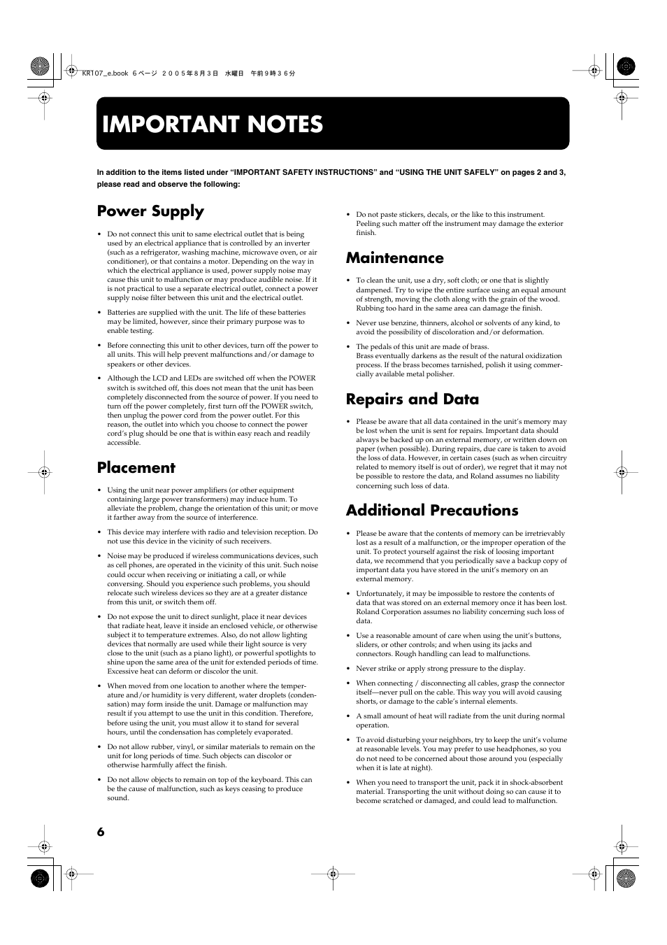 Important notes, Power supply, Placement | Maintenance, Repairs and data, Additional precautions | Roland KR107 User Manual | Page 6 / 196