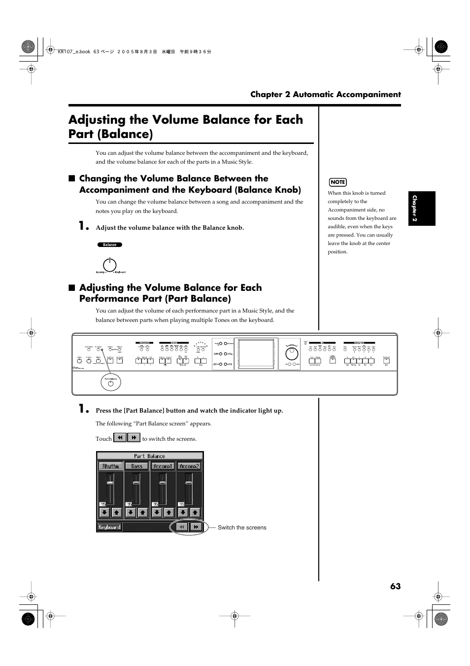 Performance parts (p. 63), Keyboard and for songs and accompaniments (p. 63), Adjusting the volume | Balance for each performance, Part (part balance)” (p. 63), Refer to “adjusting the volume | Roland KR107 User Manual | Page 63 / 196