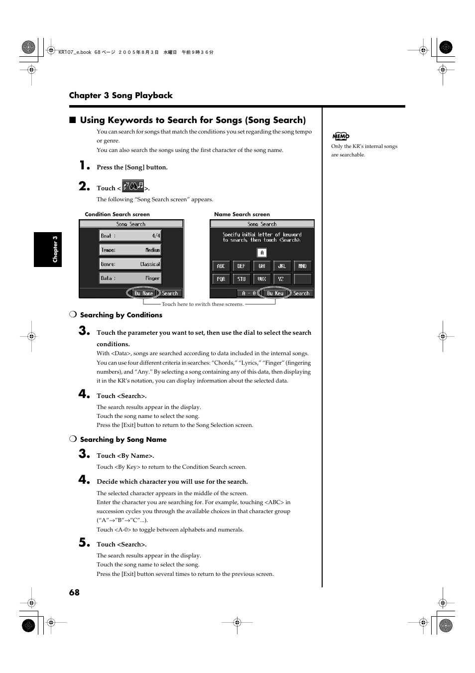 Using keywords to search for songs (song search), Search (p. 68) | Roland KR107 User Manual | Page 68 / 196