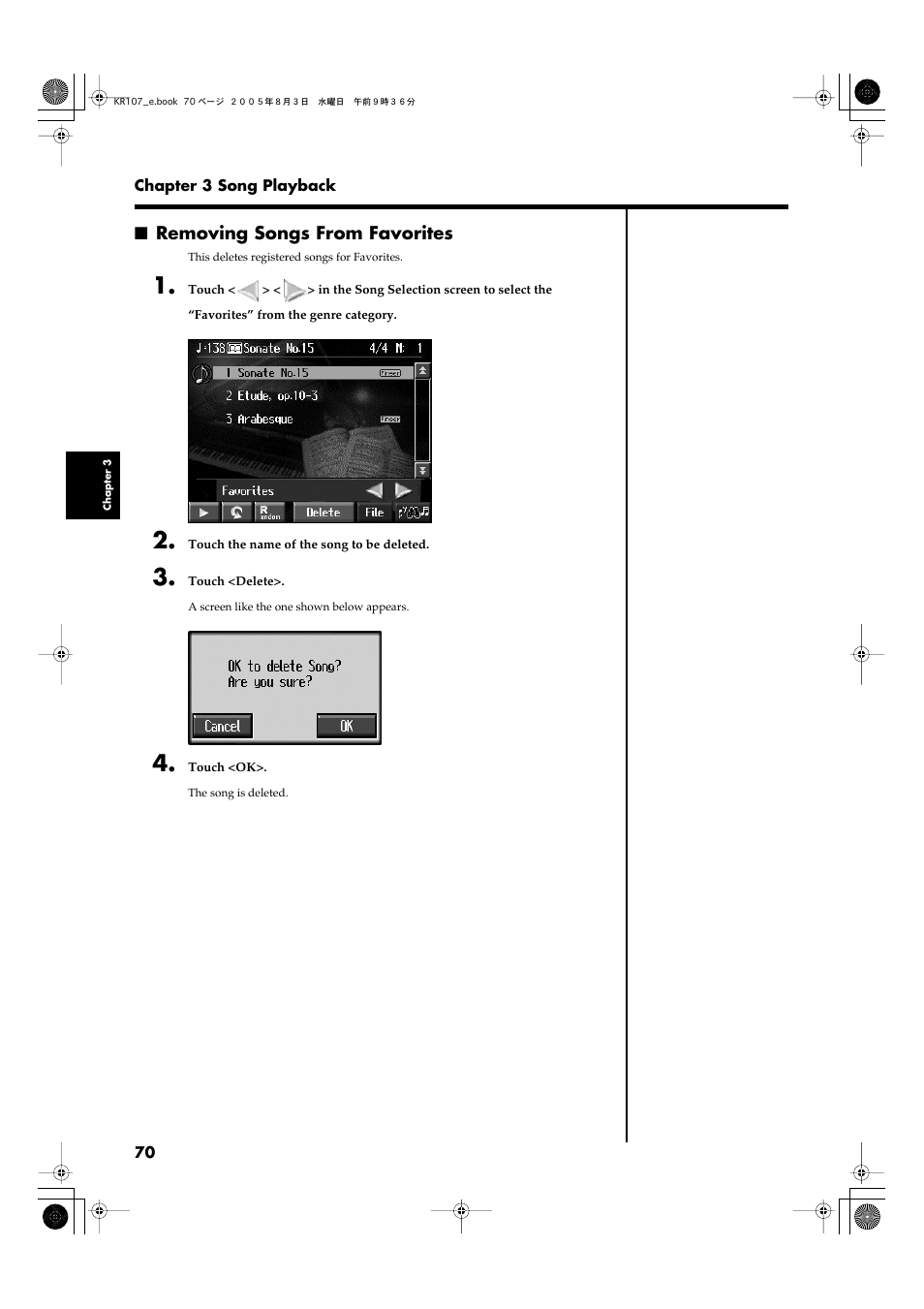 Removing songs from favorites | Roland KR107 User Manual | Page 70 / 196