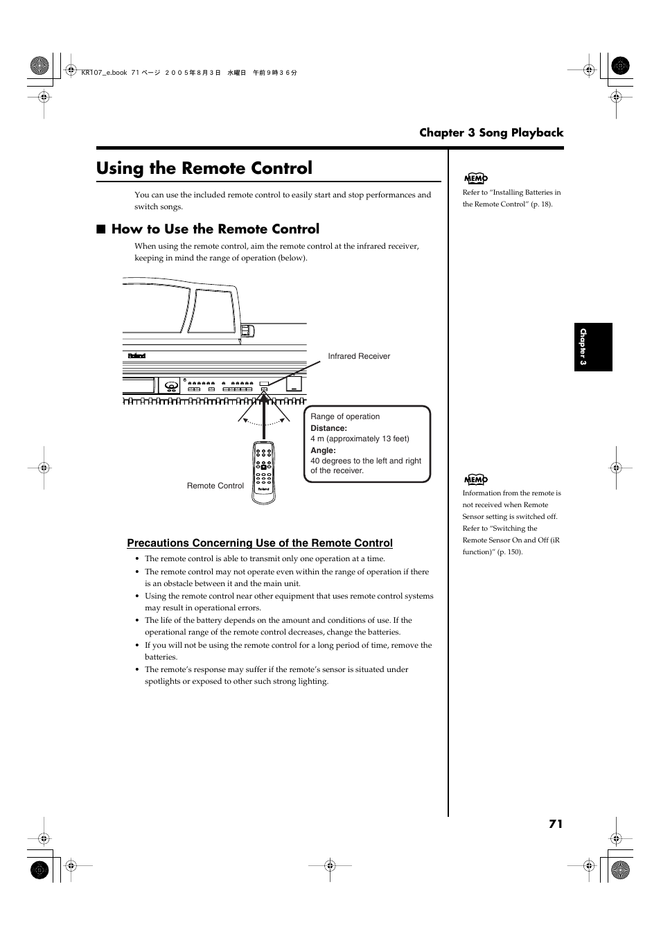 Using the remote control, How to use the remote control | Roland KR107 User Manual | Page 71 / 196