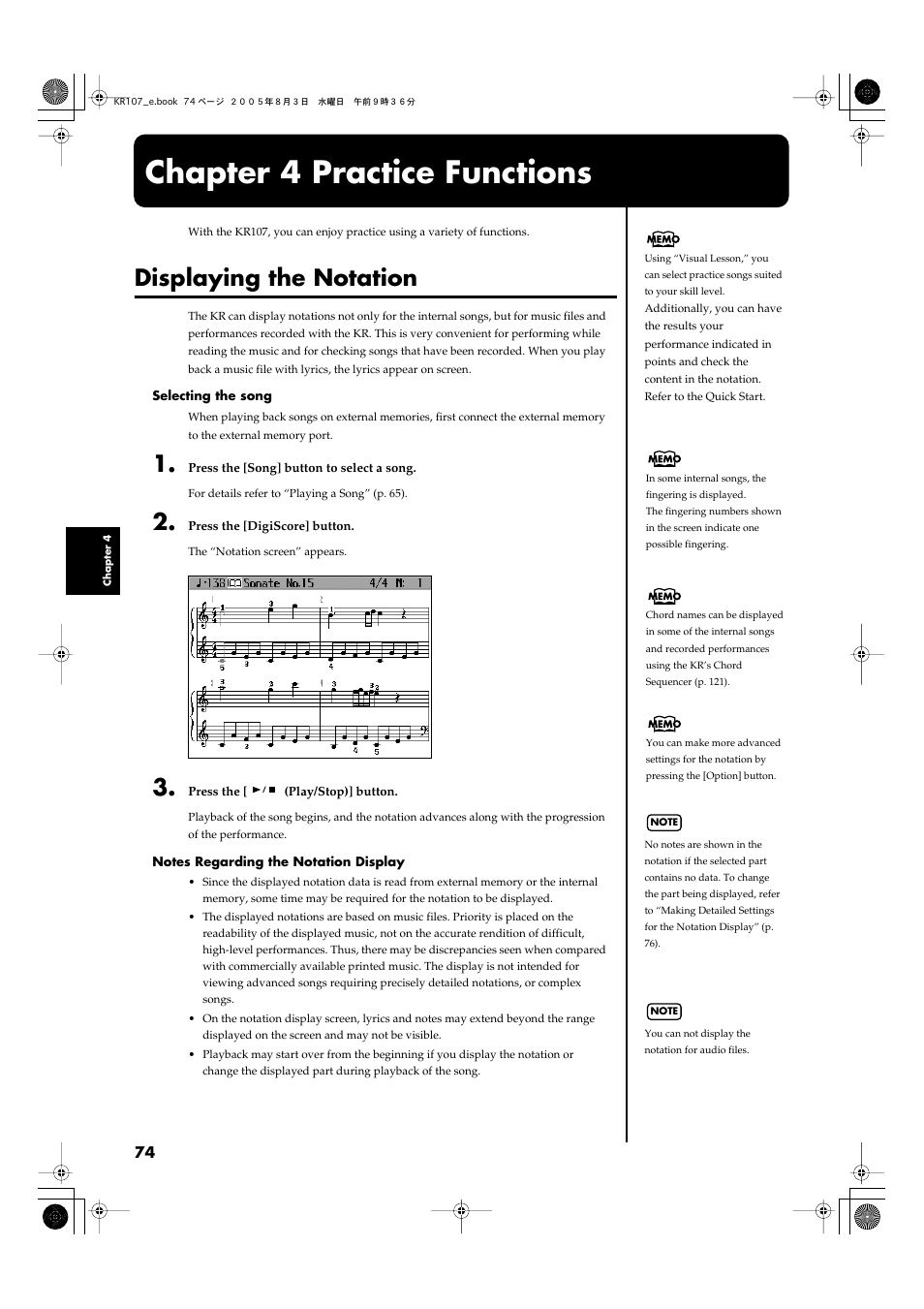 Chapter 4 practice functions, Displaying the notation, Displays notations (p. 74) | Displaying notations (p. 74) | Roland KR107 User Manual | Page 74 / 196