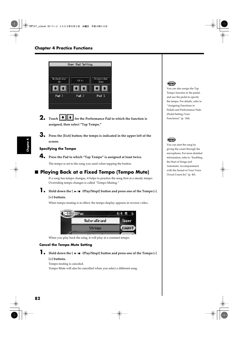 Playing back at a fixed tempo (tempo mute) | Roland KR107 User Manual | Page 82 / 196