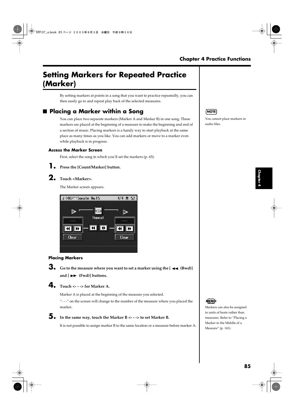 Setting markers for repeated practice (marker), Placing a marker within a song, Simply and easily (p. 85) | Marker (p. 85) | Roland KR107 User Manual | Page 85 / 196