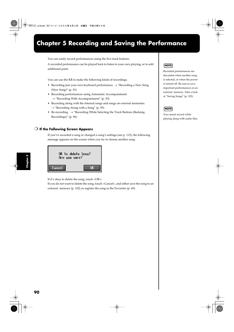 Chapter 5 recording and saving the performance, Chapter 5 recording and saving the, Performance | Roland KR107 User Manual | Page 90 / 196