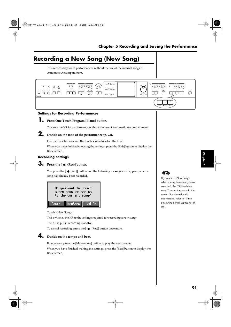 Recording a new song (new song), Recording standby (p. 91, p. 114), Recording (p. 91) | Recording a new song, New song)” (p. 91), Is turned off. be sure to save | Roland KR107 User Manual | Page 91 / 196