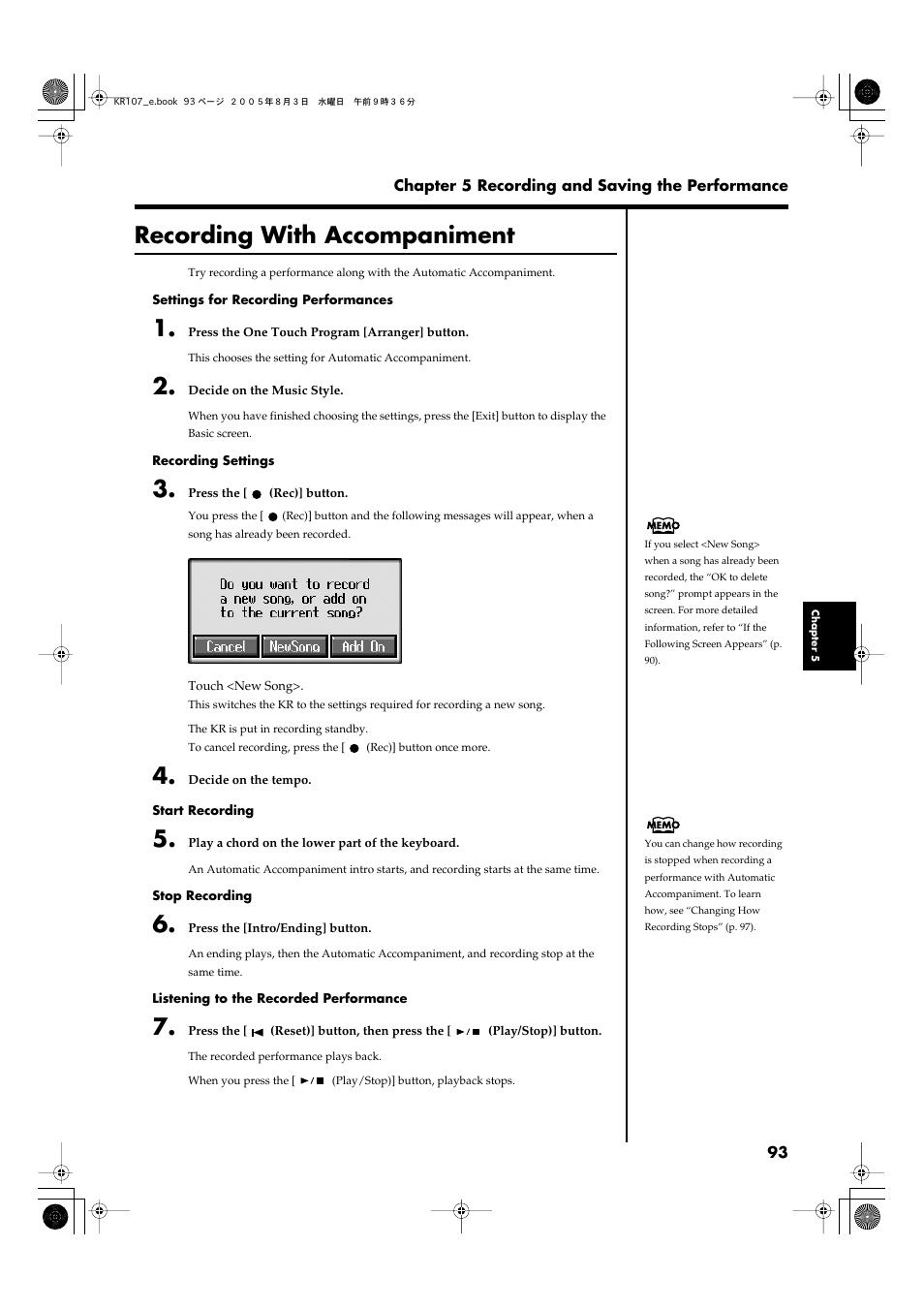 Recording with accompaniment, Recording with accompaniment” (p. 93) | Roland KR107 User Manual | Page 93 / 196