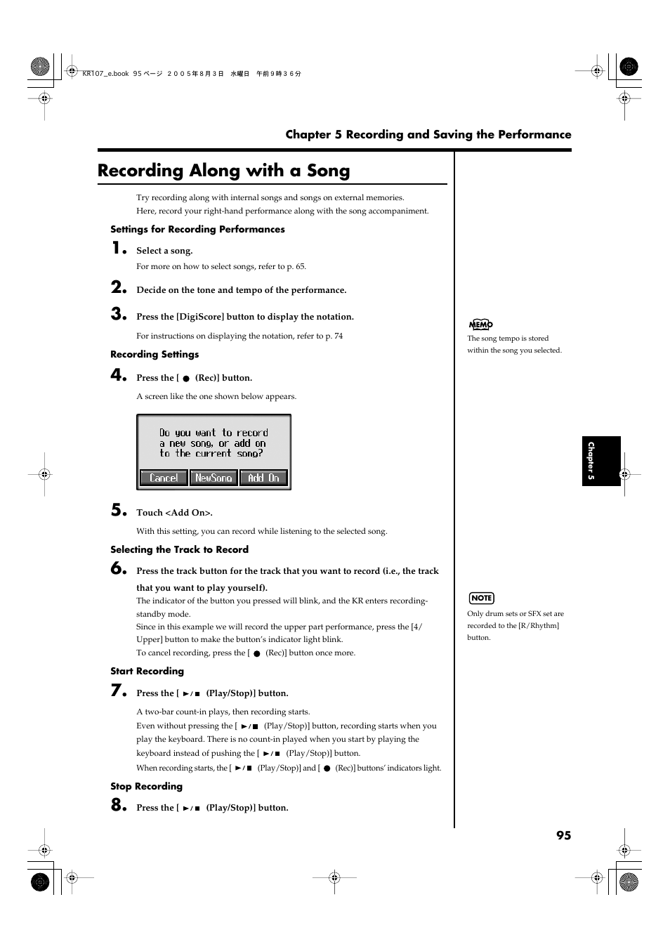 Recording along with a song, Recording along with a song” (p. 95) | Roland KR107 User Manual | Page 95 / 196