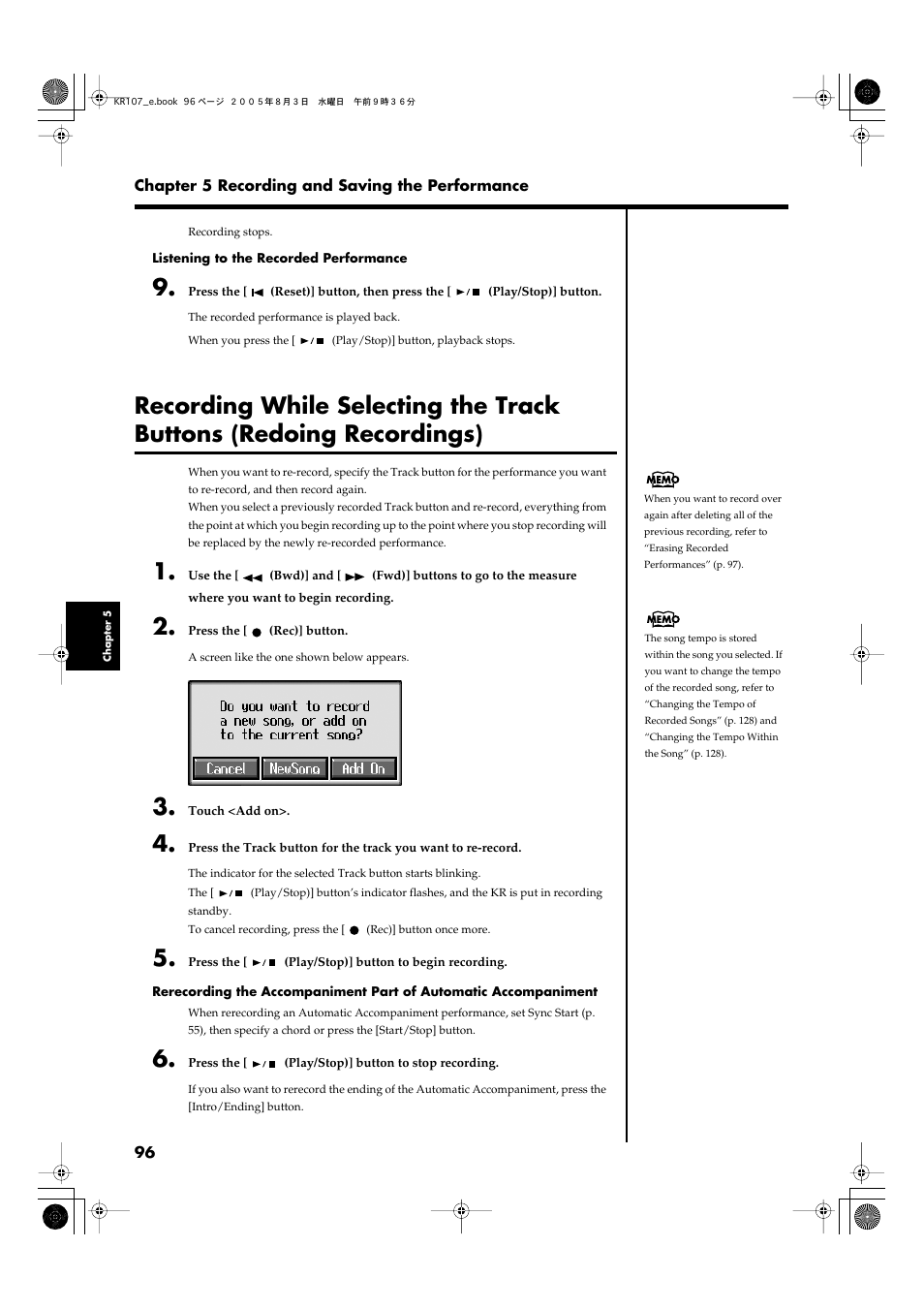 Buttons (redoing recordings)” (p. 96), Recordings)” (p. 96) | Roland KR107 User Manual | Page 96 / 196