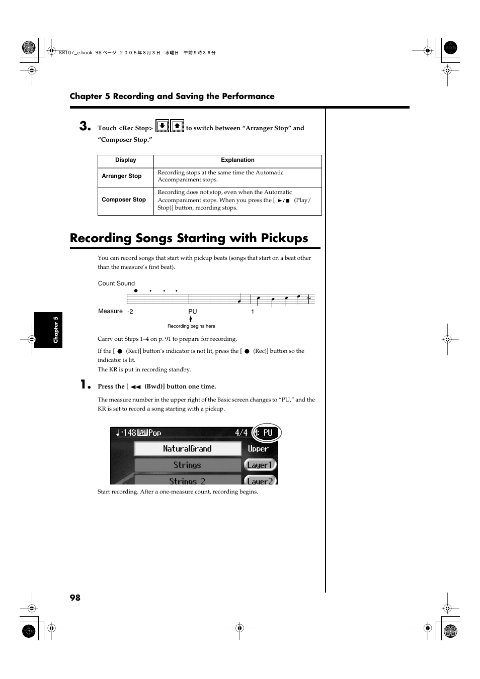 Recording songs starting with pickups | Roland KR107 User Manual | Page 98 / 196