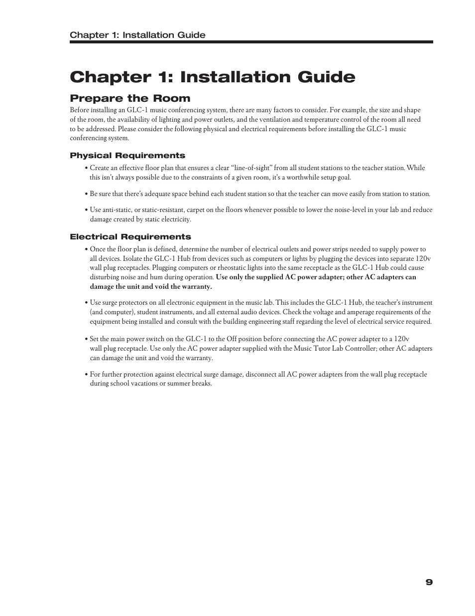 Chapter 1: installation guide, Prepare the room | Roland Group-Learning Controller GLC-1 User Manual | Page 10 / 26