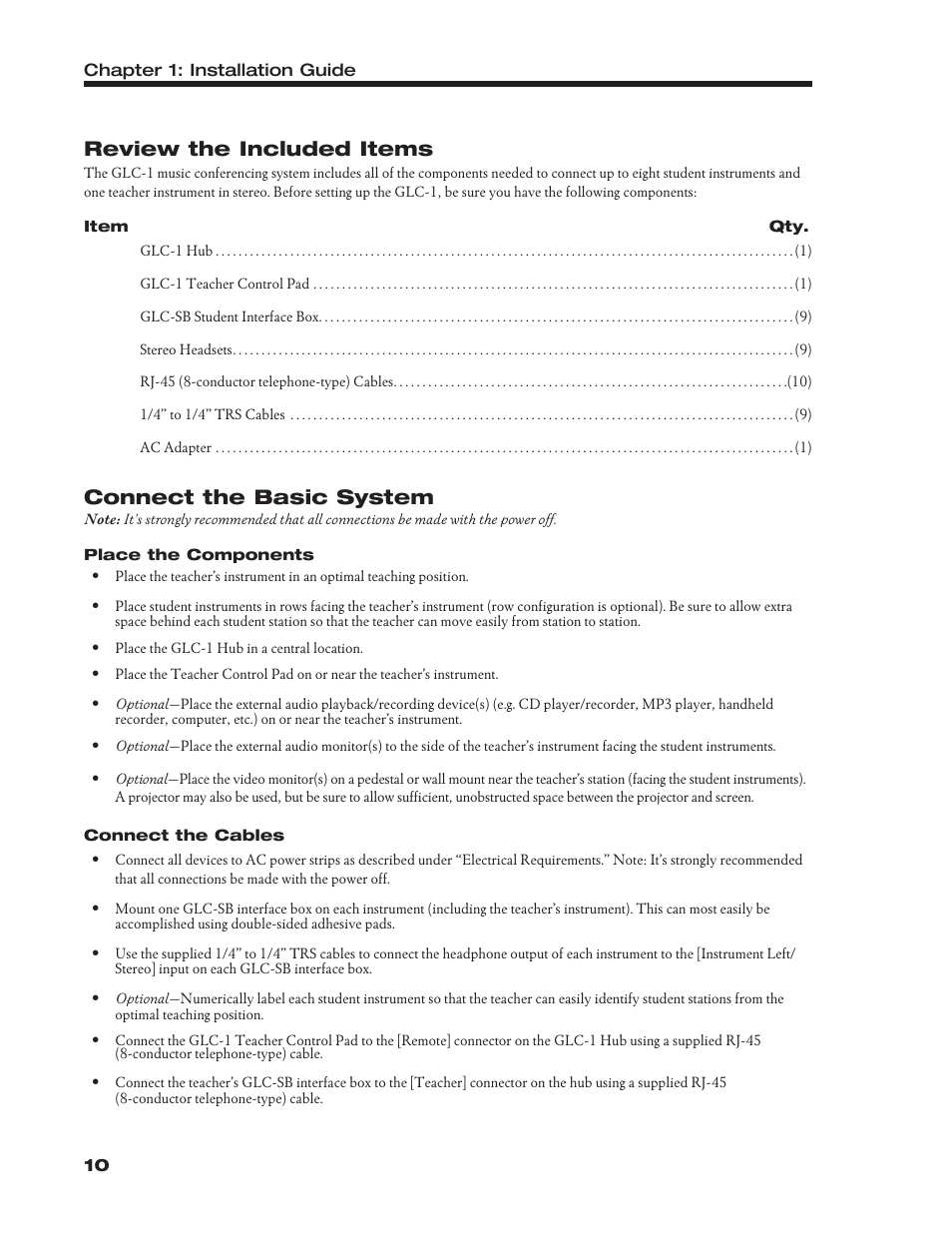 Review the included items, Connect the basic system | Roland Group-Learning Controller GLC-1 User Manual | Page 11 / 26