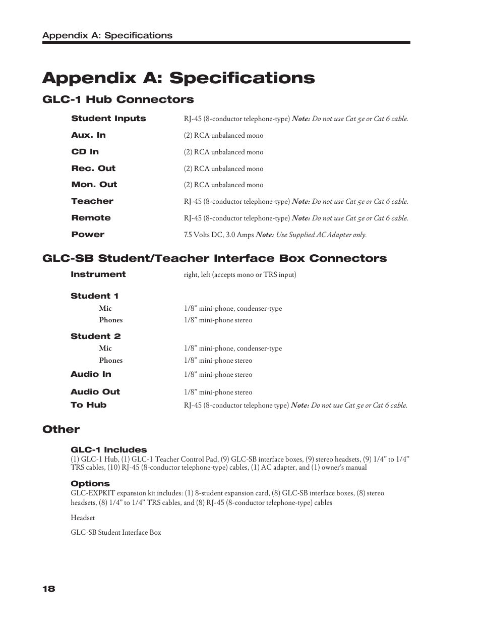 Appendix a: specifications, Glc-1 hub connectors, Glc-sb student/teacher interface box connectors | Other | Roland Group-Learning Controller GLC-1 User Manual | Page 19 / 26