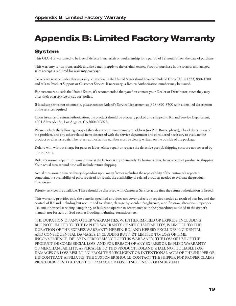 Appendix b: limited factory warranty, System | Roland Group-Learning Controller GLC-1 User Manual | Page 20 / 26