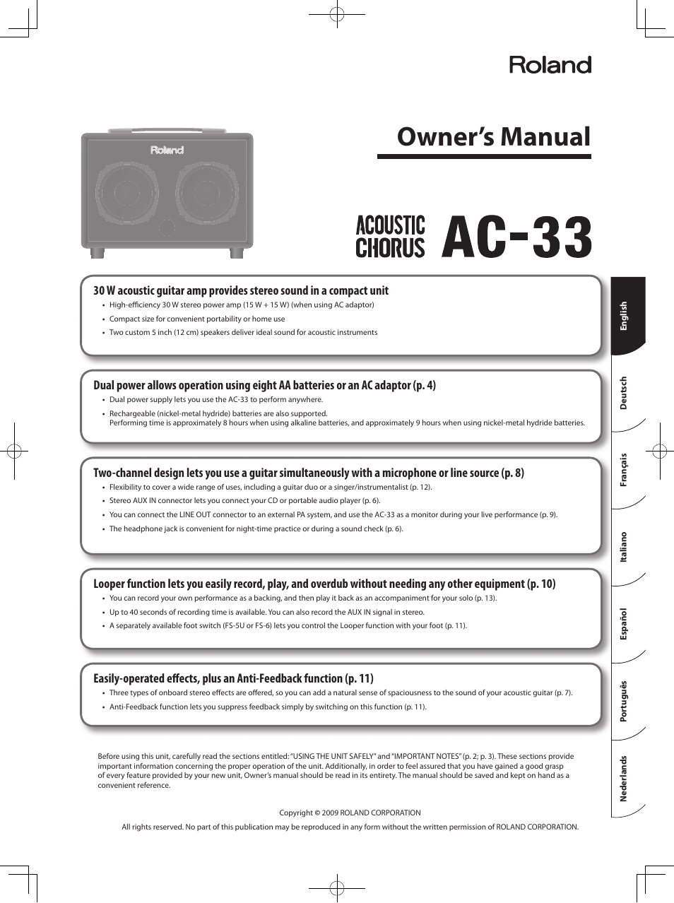 Roland Acoustic Chorus AC-33 User Manual | 17 pages