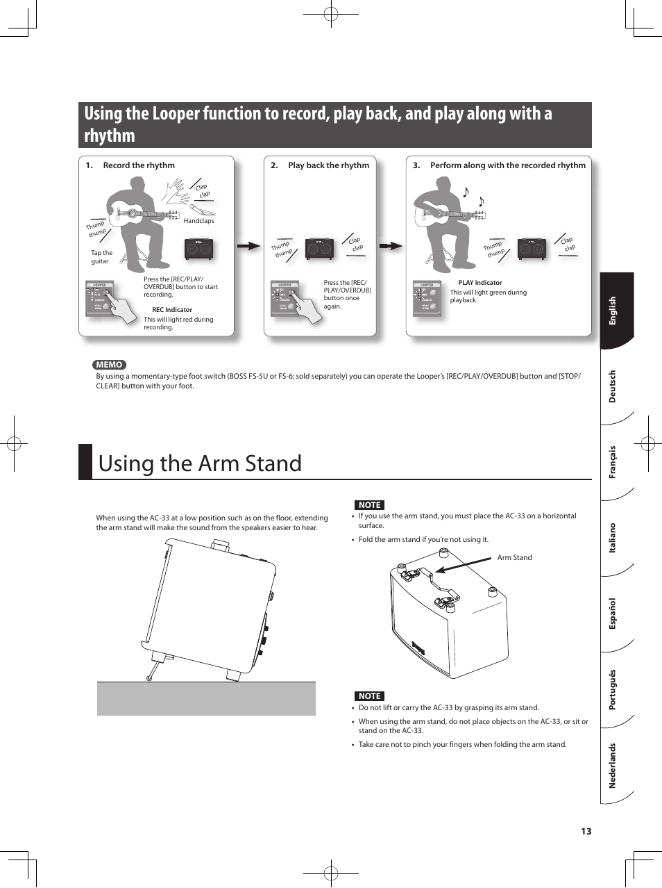 Using the arm stand | Roland Acoustic Chorus AC-33 User Manual | Page 13 / 17