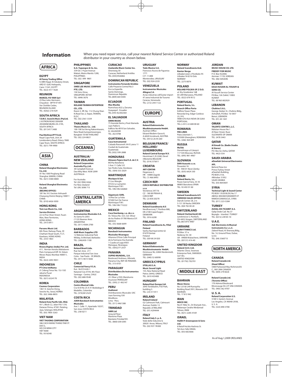 Information, Africa, Asia | Oceania, Central/latin america, Europe, Middle east, North america | Roland Acoustic Chorus AC-33 User Manual | Page 17 / 17