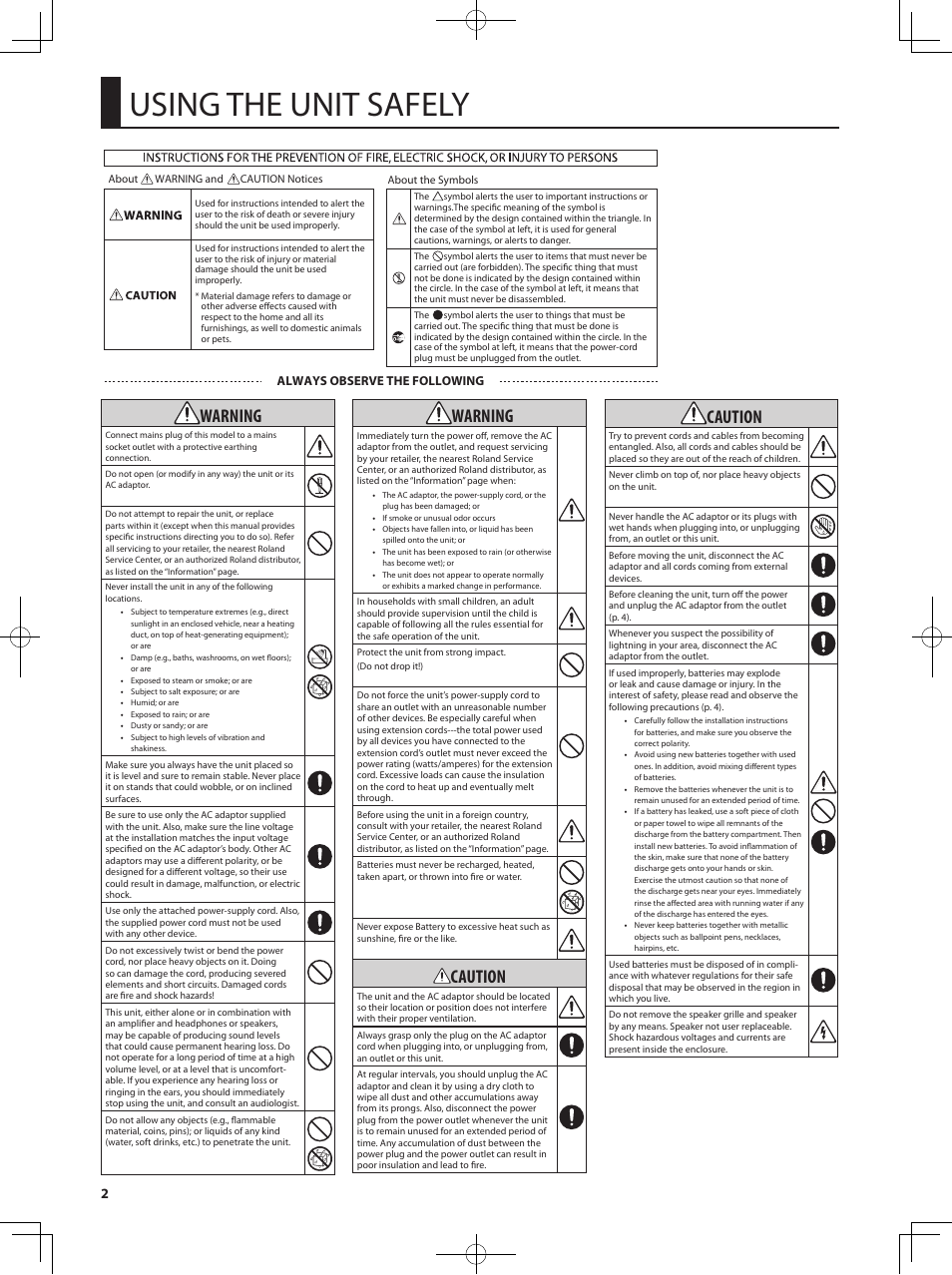 Using the unit safely, Warning, Caution | Always observe the following | Roland Acoustic Chorus AC-33 User Manual | Page 2 / 17