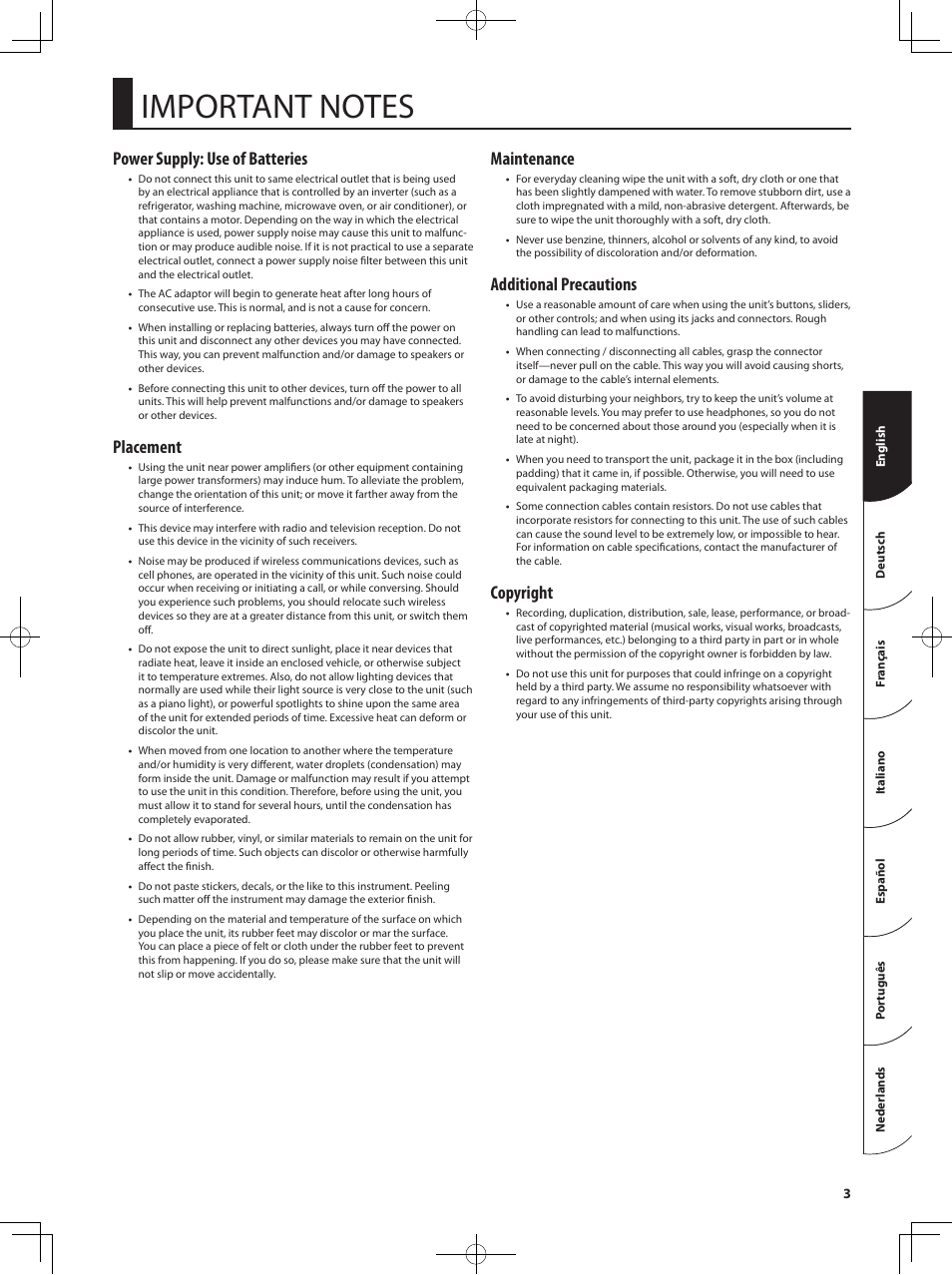 Power supply: use of batteries, Placement, Maintenance | Additional precautions, Copyright | Roland Acoustic Chorus AC-33 User Manual | Page 3 / 17