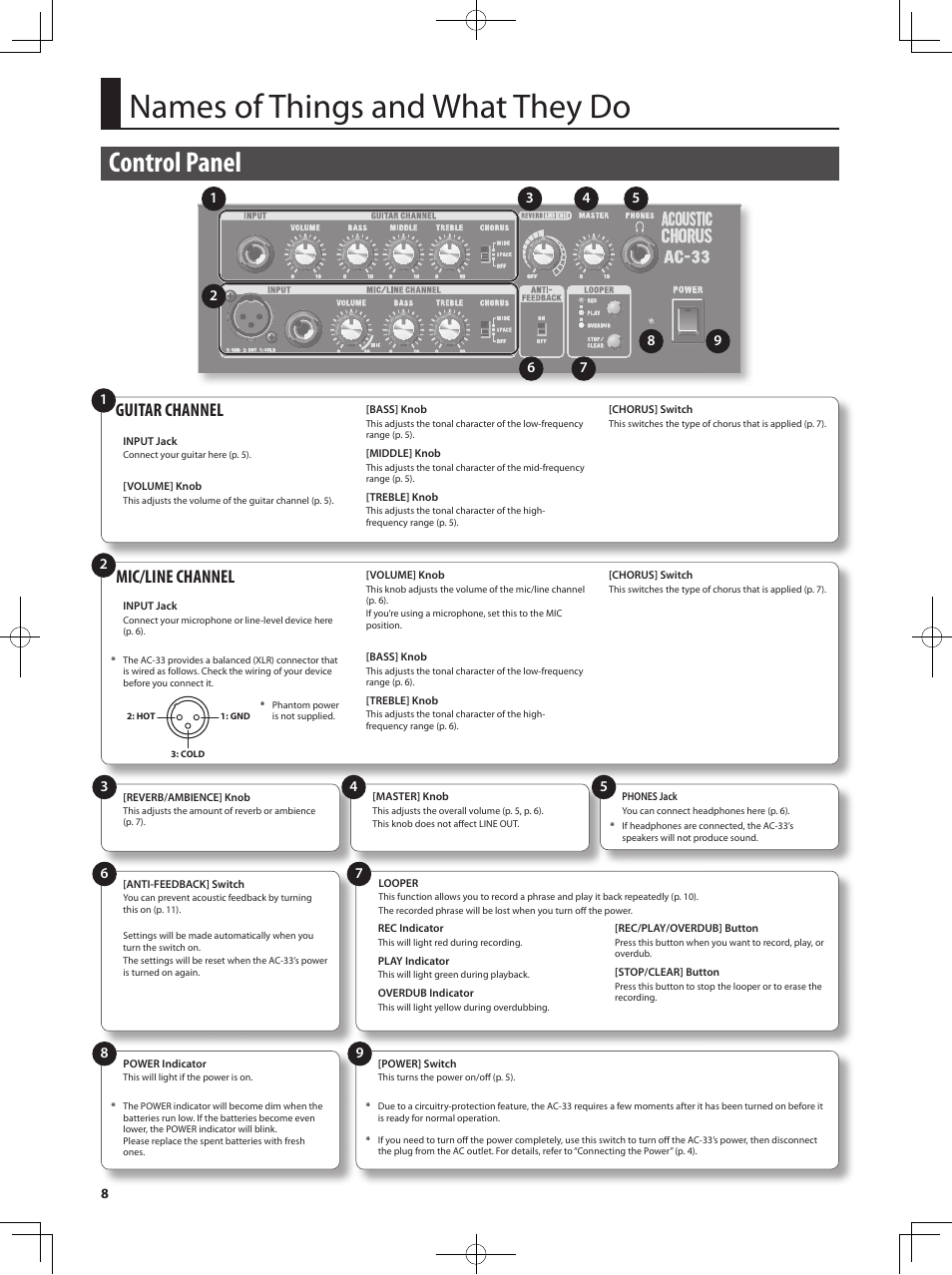 Names of things and what they do, Control panel, Mic/line channel | Guitar channel | Roland Acoustic Chorus AC-33 User Manual | Page 8 / 17